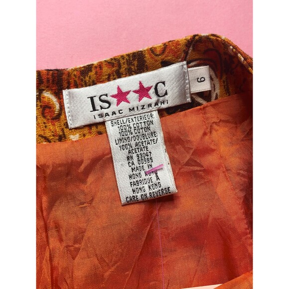 1990s ISAAC MIZRAHI Orange & Brown Island Tiki Print Faux Wrap Mini Skirt. S - Picture 10 of 10